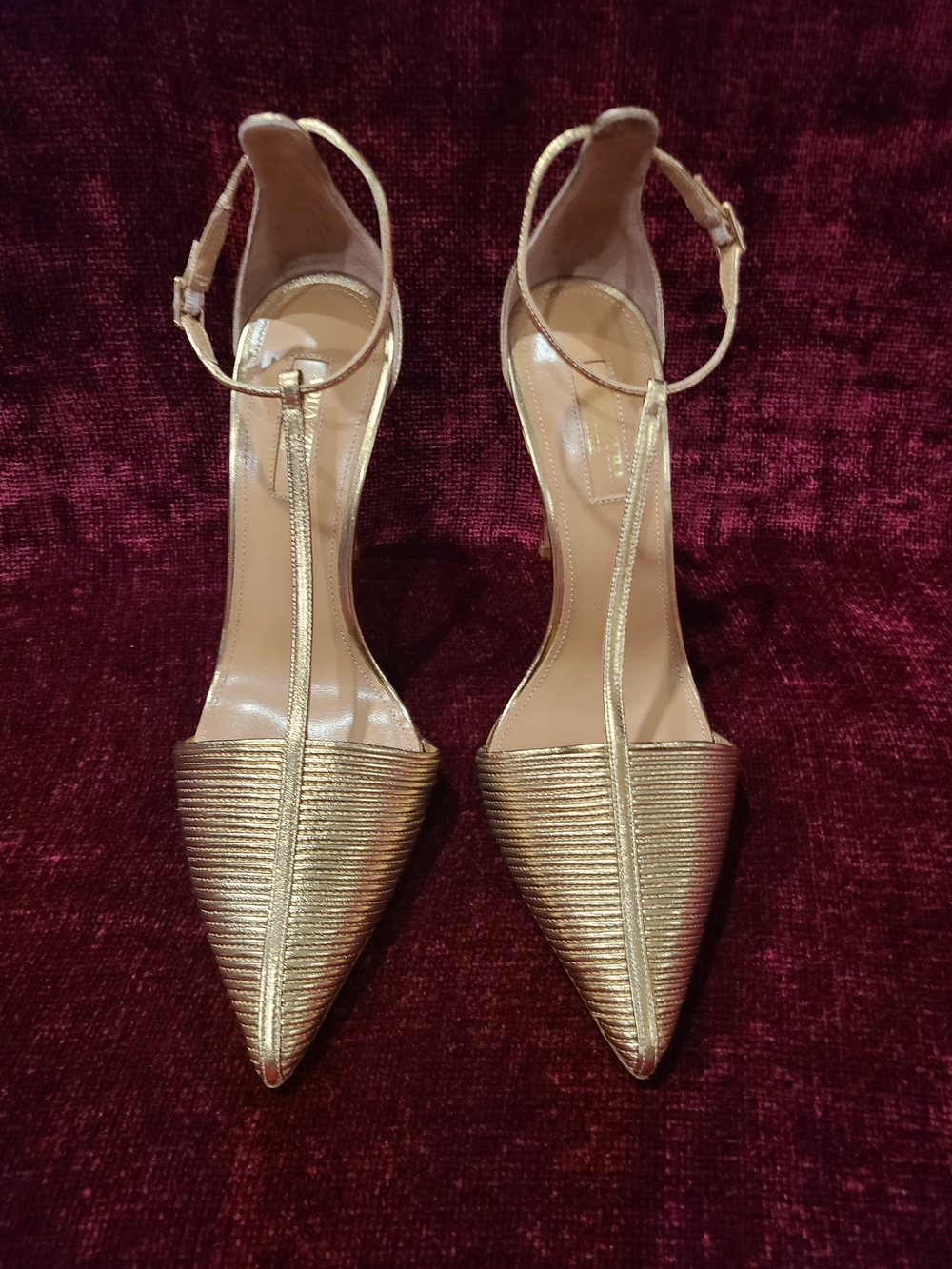 Aquazzura Metallic Strappy Gold Leather Pointed Toe Stiletto Heels Size 8 - Picture 11 of 15